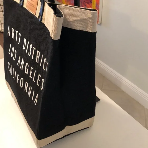 Black jute market bag with leather handles - Picture 4 of 6